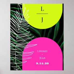 Mongram Neon Arches Tropical Palm Leaf Wedding Poster
