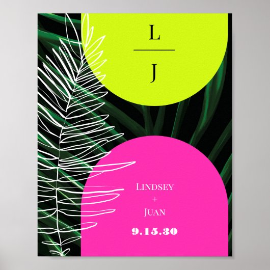 Mongram Neon Arches Tropical Palm Leaf Wedding Poster (Vorne)