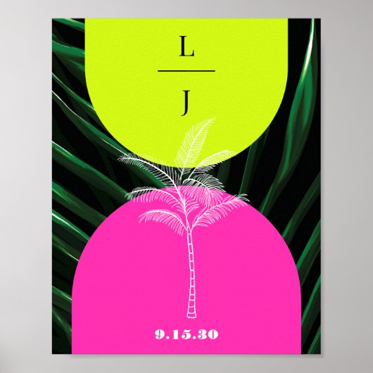 Mongram Neon Arches Tropical Palm Tree Wedding Poster (Vorne)
