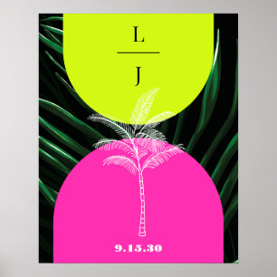 Mongram Neon Arches Tropical Palm Tree Wedding Poster