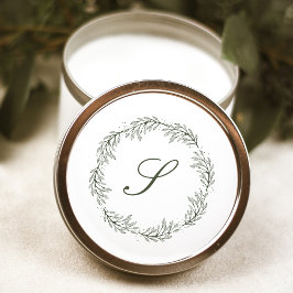 Mongram Olive Green Wreath Classic Script Wedding Runder Aufkleber