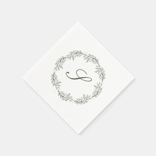 Mongram Olive Green Wreath Classic Script Wedding Serviette (Ecke)