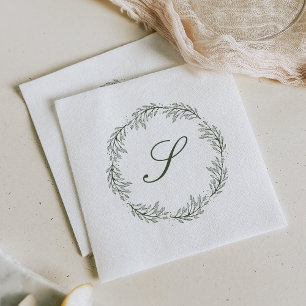 Mongram Olive Green Wreath Classic Script Wedding Serviette