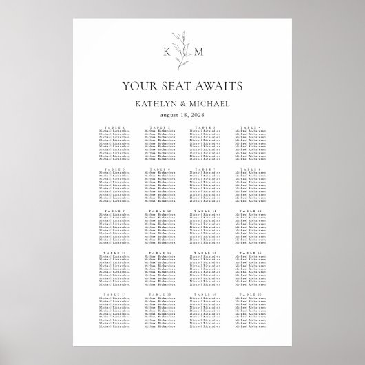 Mongram Olivenblatt Hochzeit 20 Tafelsitzkarte Poster (Vorne)