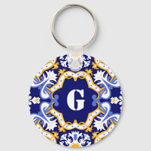 Mongram-Perwinkle, Blau und Gelb-Azulejos Schlüsselanhänger