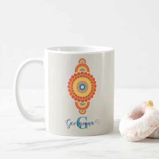 Mongram Radiant Aegean Summer Ornamental Mandala Kaffeetasse (Mit Donut)