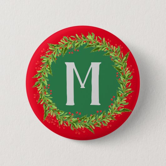Mongram Red and Green Kreath Christmas Button (Vorderseite)