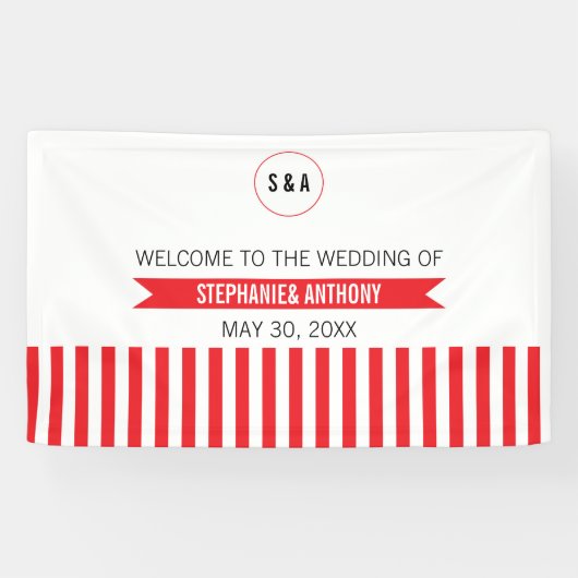 Mongram, Red and White Stripes Muster Hochzeit Banner (Horizontal)