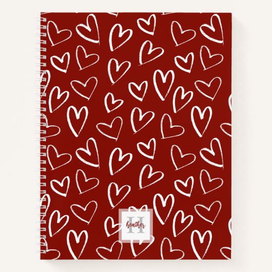 Mongram Red Heart Pattern Sketchbook Notizblock (Vorderseite)