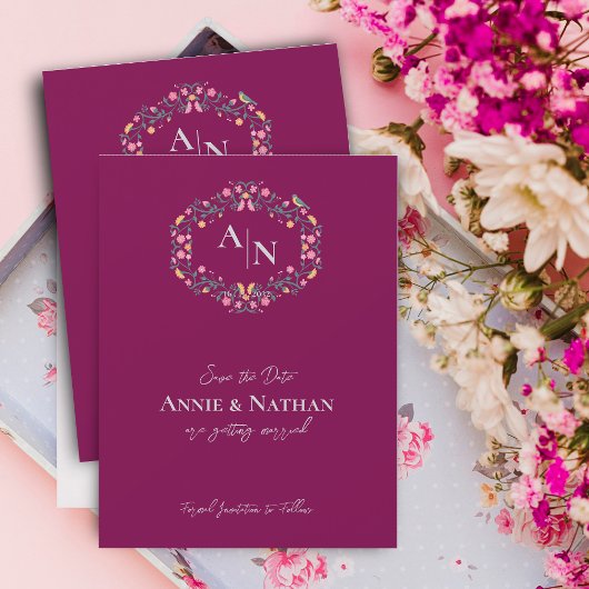 Mongram Red Intricate Floral Wedding Ankündigung