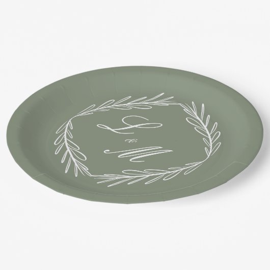 Mongram Script Branch Sage Green Wedding Pappteller (Schrägansicht)
