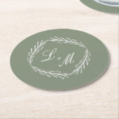 Mongram Script Branch Sage Green Wedding Runder Pappuntersetzer (Angewinkelt)
