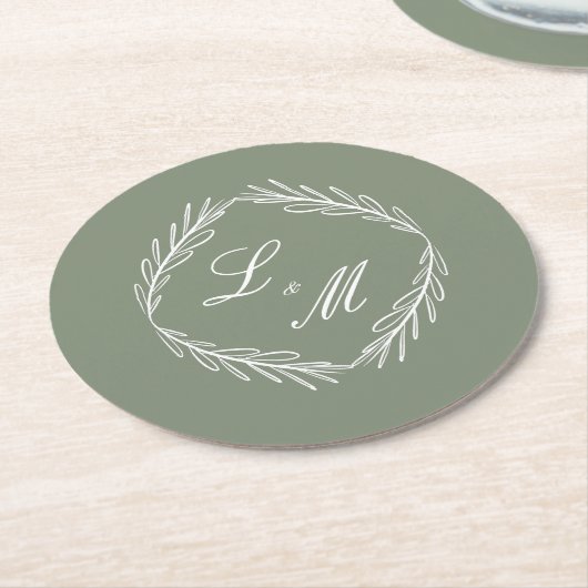 Mongram Script Branch Sage Green Wedding Runder Pappuntersetzer (Angewinkelt)
