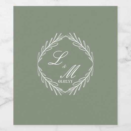 Mongram Script Branch Sage Green Wedding Weinetikett (Einzelnes Label)