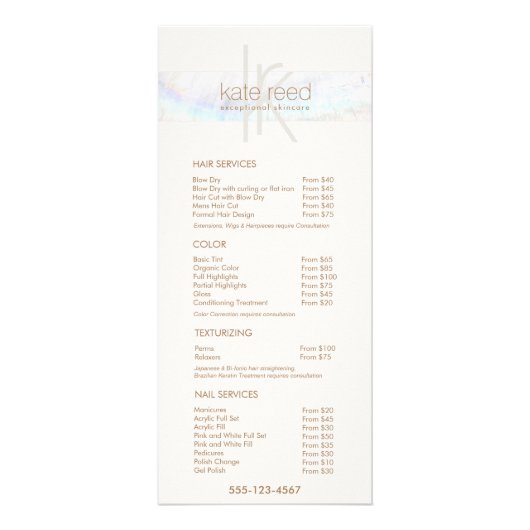 Mongram Seashell Salon Price List Service Menu Werbekarte (Vorne)
