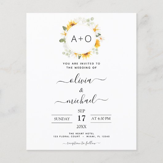 Mongram Sonnenblume Eukalyptus Wedding Flyer (Vorne)