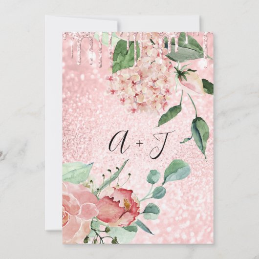 Mongram Tropfens Hochzeit Florals Mint Glitzer Pin Einladung (Rückseite)