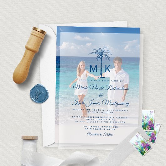 Mongram Tropical Palm Tree Formal Beach Wedding Pergament Einladungen