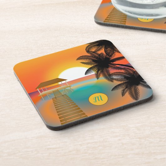 Mongram Tropical Paradise Ocean Sunset Getränkeuntersetzer (Linke Seite)