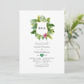 Mongram Tropical Summer Beach Wedding Einladung (Stehend Vorderseite)