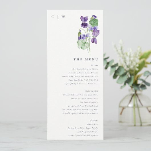 Mongram Violet Floral Bunch Menü Card Einladung (Stehend Vorderseite)