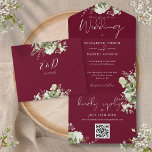 Mongram Wedding Greenery QR Code All In One Einladung<br><div class="desc">Alles in einer Hochzeitseinladung mit botanischen grünen rustikalen Blätter und eleganter Typografie auf bordeauxrotem Hintergrund. Die Einladung enthält eine perforierte RSVP-Karte mit QR-Code. Entwickelt von Thisisnotme©</div>