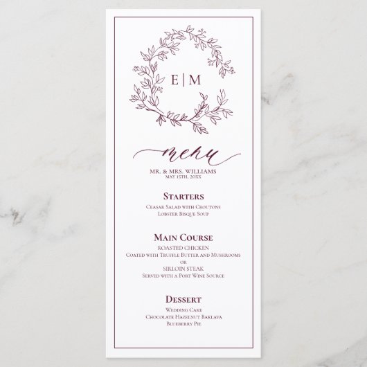 Mongram Wedding Menu von Burgundy Leafy Wappen Menükarte (Vorderseite)