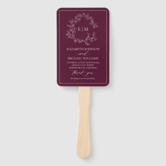 Mongram Wedding Program für Burgundy Leafy Wappen Fächer (Vorderseite)