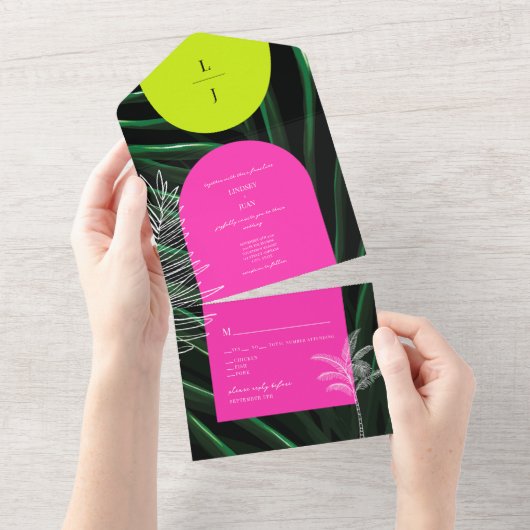 Mongram Wedding Tropical Neon Arches Palm Tree All In One Einladung (Abreißen)