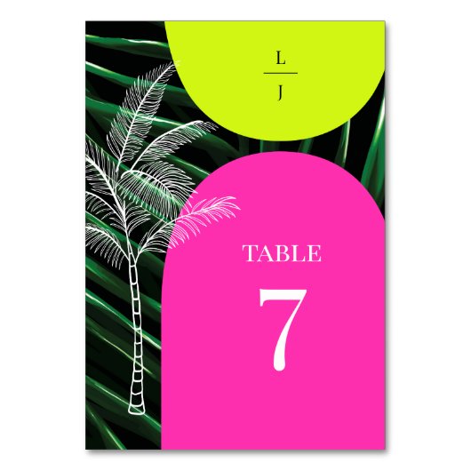 Mongram Wedding Tropical Neon Arches Palm Tree Tischnummer (Rückseite)