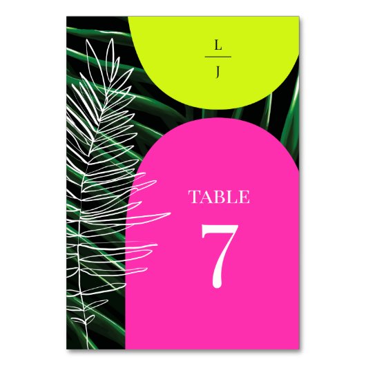 Mongram Wedding Tropical Neon Arches Palm Tree Tischnummer (Vorderseite)