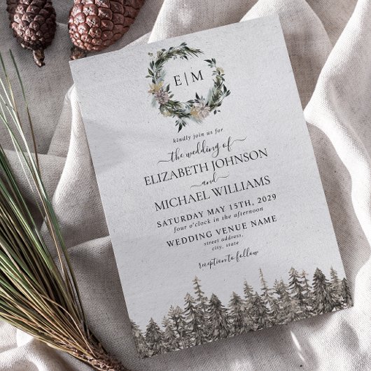 Mongram Winter Watercolor Floral Wreath Wedding Einladung