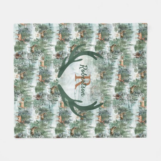 Mongram Winterwaldland Hirsch Fleecedecke (Vorderseite (Horizontal))