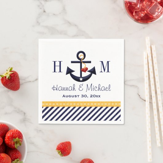 Mongram Yellow and Navy Anchor Nautical Wedding Serviette (Beispiel)