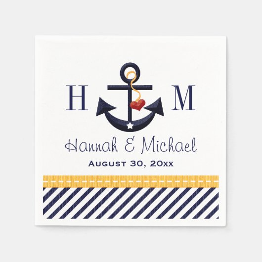Mongram Yellow and Navy Anchor Nautical Wedding Serviette (Vorderseite)