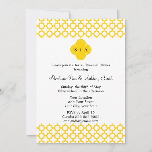 Mongram Yellow Quatrefoil Muster Hochzeit Einladung (Vorderseite)