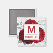 Mongramm für schöne tiefrote und silberne Blume Magnet (Vorderseite/Rückseite)