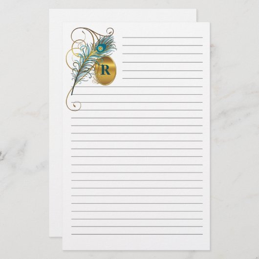 Mongrammatiertes Pfau Aquamarin und goldgedeckte H Briefpapier (Vorne/Hinten)