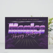Monica Name Vorname lila retro Karte Geburtstag (Stehend Vorderseite)