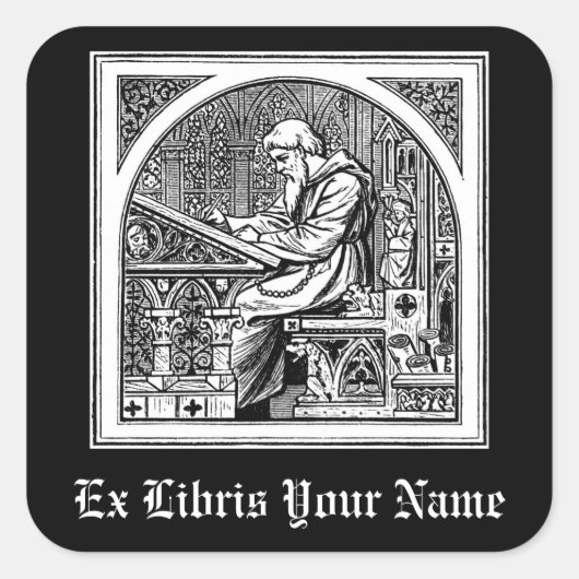 Monk am mittelalterlichen Schreibtisch Buchzeichen Quadratischer Aufkleber (Vorderseite)