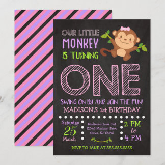 Monkey 1. Geburtstags-Einladung für ein Mädchen Einladung