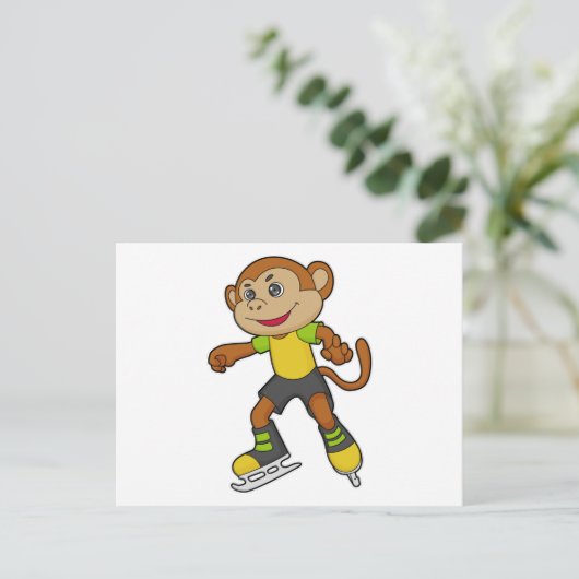 Monkey at Ice skating with Ice skates Postkarte (Stehend Vorderseite)