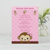 MONKEY Baby Dusche Einladung Polka Dot PINK GIRL (Stehend Vorderseite)