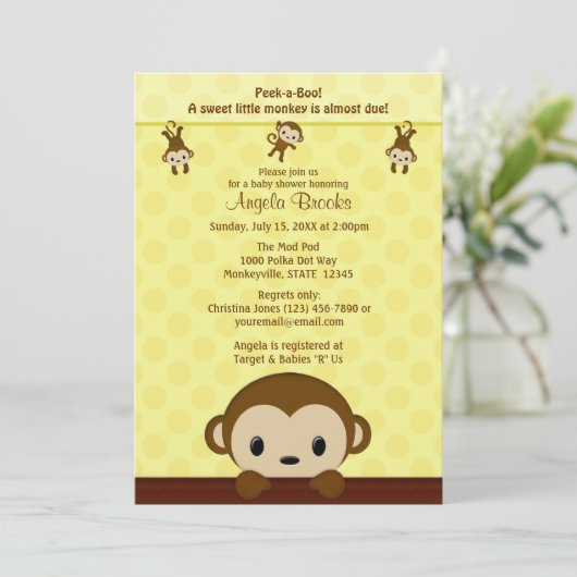 MONKEY Baby Dusche Einladung Polka Dot YELLOW MPP (Stehend Vorderseite)