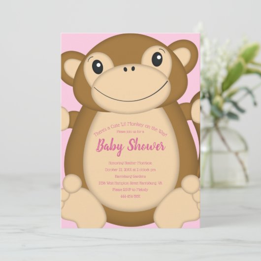 Monkey Baby Dusche Pink Einladung (Stehend Vorderseite)