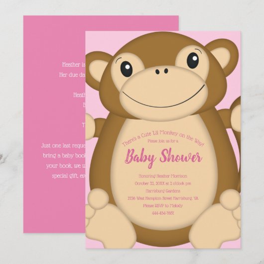 Monkey Baby Dusche Pink Einladung (Vorne/Hinten)