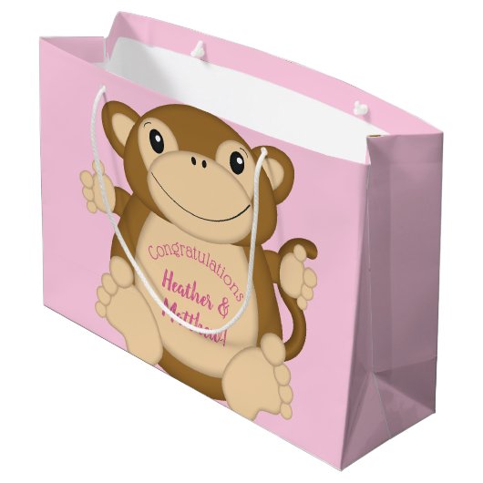 Monkey Baby Dusche Pink Große Geschenktüte (Rückseite Schrägansicht)