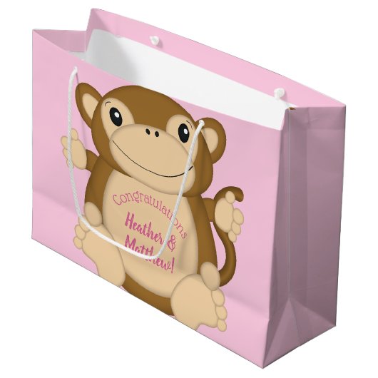 Monkey Baby Dusche Pink Große Geschenktüte (Vorderseite Schrägansicht)