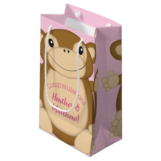 Monkey Baby Dusche Pink Kleine Geschenktüte (Vorderseite Schrägansicht)