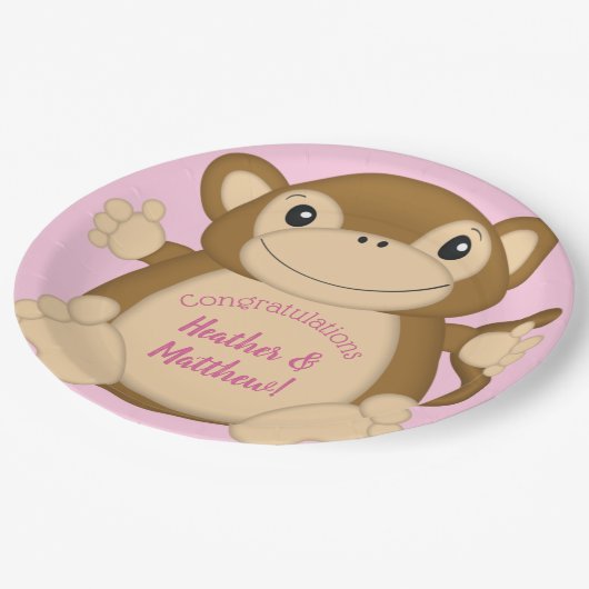 Monkey Baby Dusche Pink Pappteller (Schrägansicht)